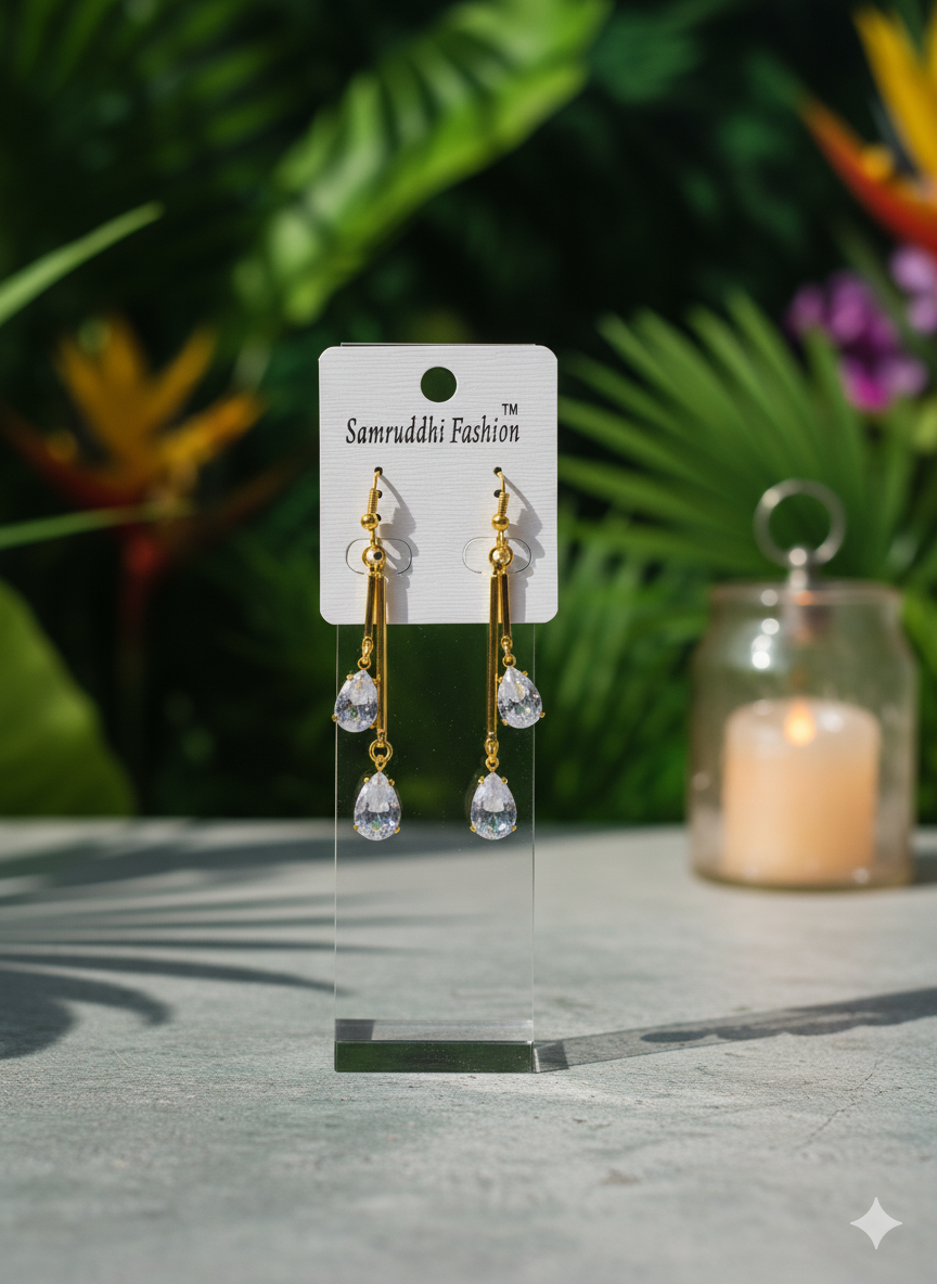 Elegant Gold-Plated Long Dangle Earrings with Clear Crystal Drops