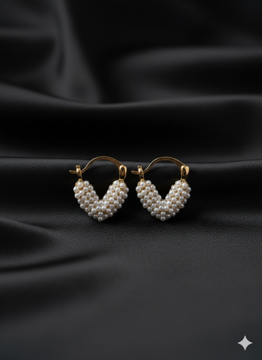 Dainty Gold Plated Heart-Shaped Micro Pearl Hoop Earrings